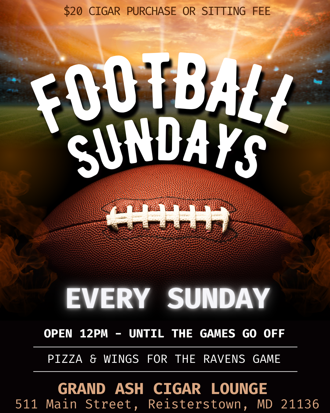 Football Sundays flyer promoting pizza and wings for the Ravens game