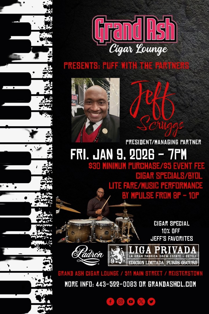 Puff with the Partners event flyer featuring Jeff Scruggs on Friday January 9, 2026 at 7PM with jazz music by MPulse
