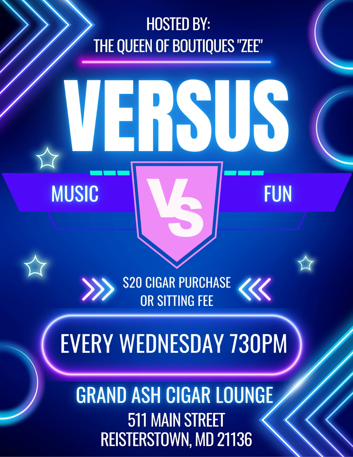 Versus Wednesdays flyer hosted by The Queen of Boutiques Zee